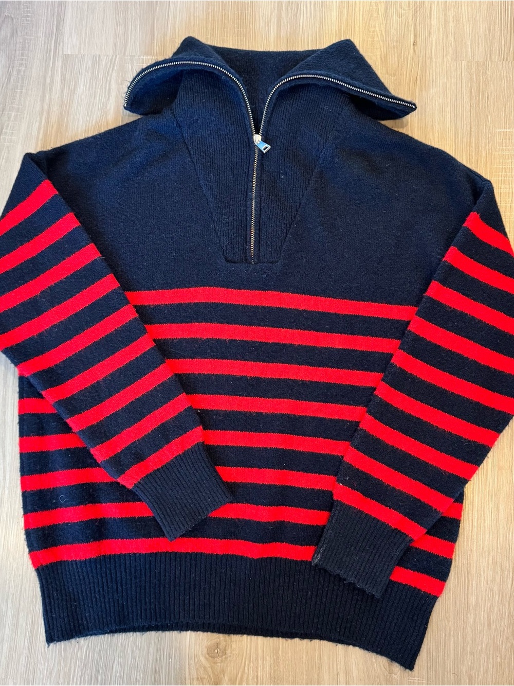 Zara Black and Red Striped Half-Zip Turtleneck Sweater